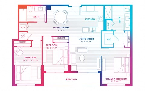 Floor plan for 3 beds, 2 baths, 1288 sqft